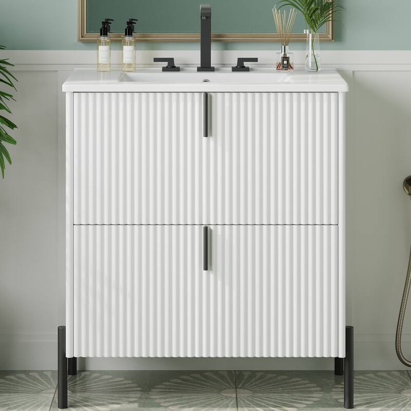 30" Vanity with Ceramic Sink,Equipped with Vertical Pulls,Full-Extension Drawers,Freestanding Vanity with Close Drawer Slides - White