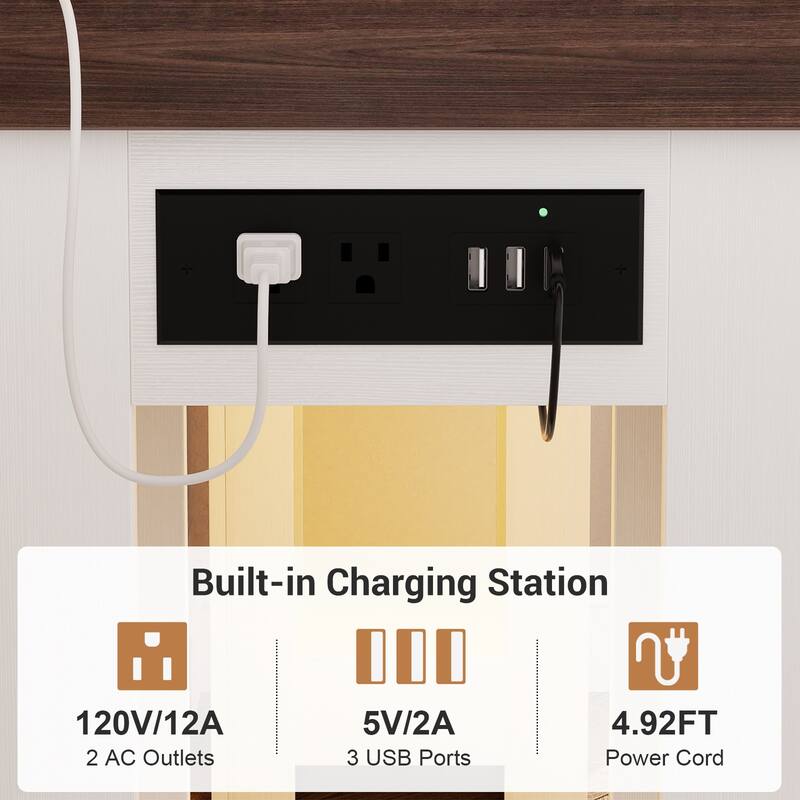 47" Farmhouse Console Table with RGB LED Light ＆ Power Outlets, Unique Carved Design Farmhouse Entryway Table Sofa Table