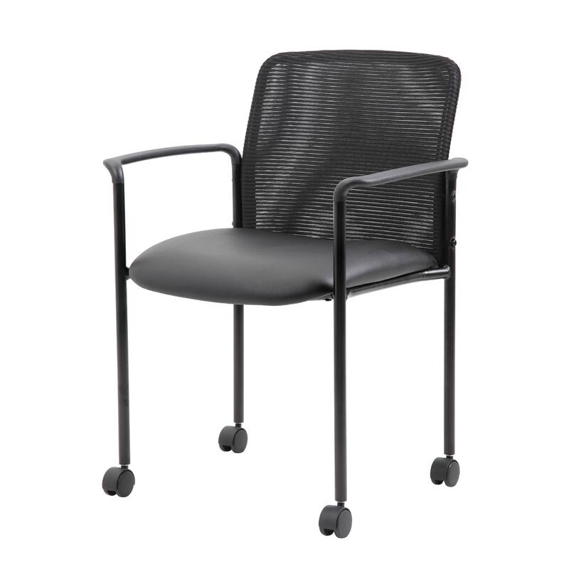 Vayu Stackable Guest Chair with Caster Wheels, Black Mesh and Caressoft Vinyl