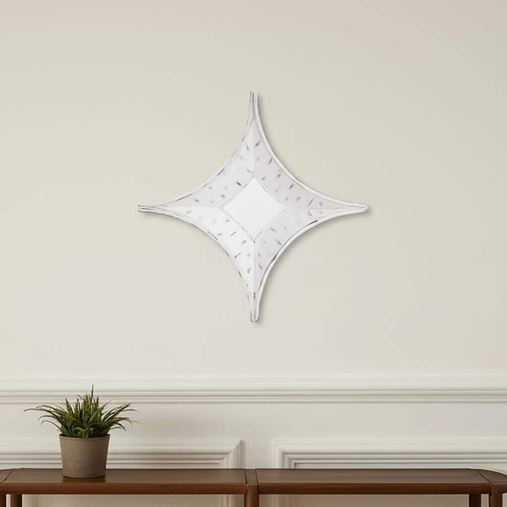HomeRoots 17" White Distressed Solid Wood Novelty Star Framed Accent Mirror - 16.60 in. x 16.60 in. x 2.40 in.