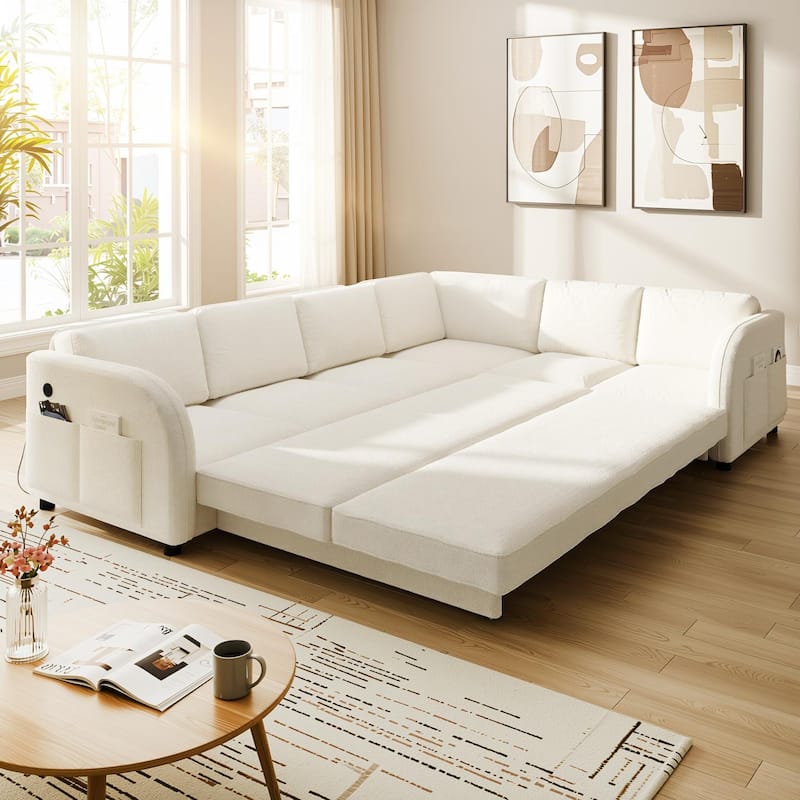 Homy Casa 85"/115" L-Shaped Sectional Sofa Bed USB & Side Pocket, Teddy Fabric Pull-Out Sleeper, Reversible Chaise, Multi Colors