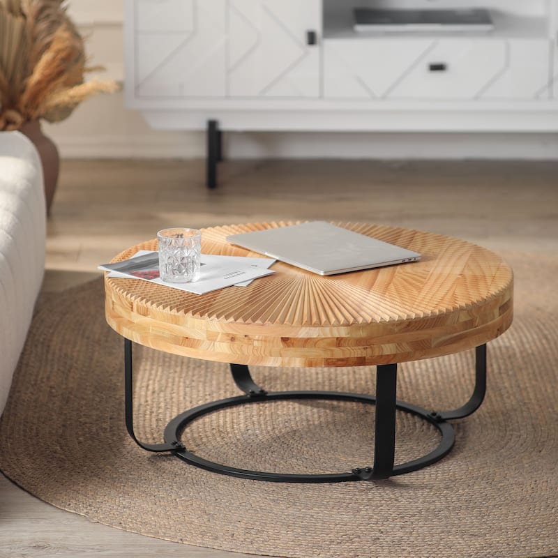 24" Round Coffee Table with Metal Legs, Modern Carving Pattern Wood Table, Center Table for Living Room, Reception Room