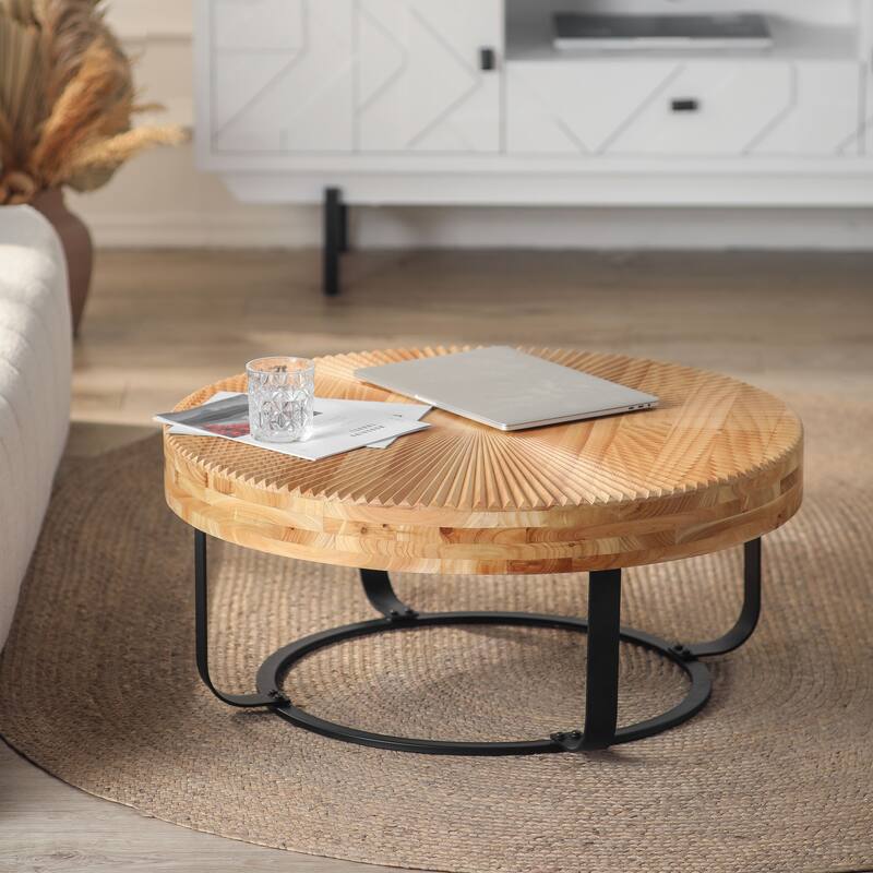 GDFStudio Calvion Round Pine Wood Coffee Table with Steel Frame and Carving Pattern