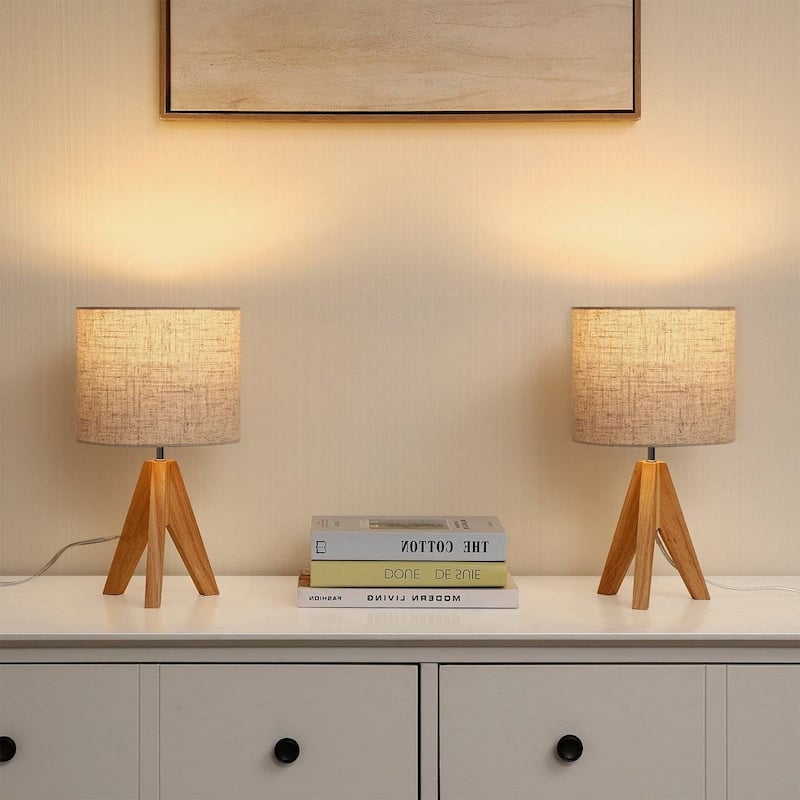 Set of 2 Modern Desk Lamps with Linen Drum Shade and Wooden Tripod Base for Bedroom or Living Room