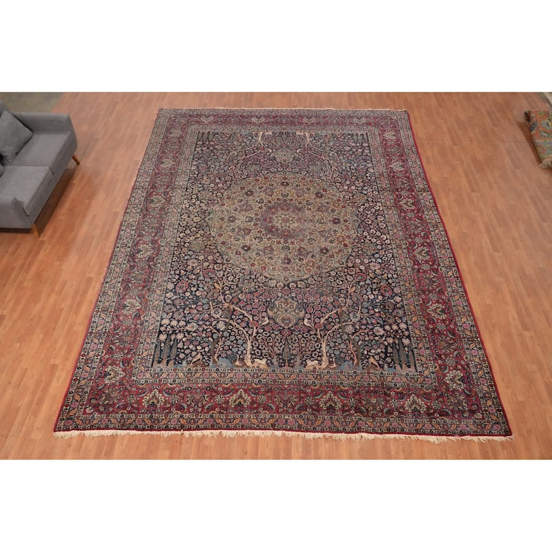 Hand Knotted Oriental 100% Wool Carpet Traditional Floral Navy Blue & Blues Kerman Area Rug - 16' 3'' X 11' 10''