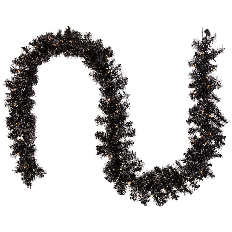 Pre-Lit Artificial Christmas Tinsel Garland - 9' x 8" - Black - Clear Lights