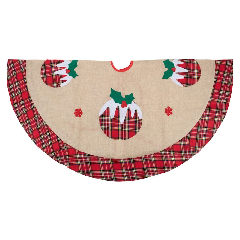 48" Burlap Plaid Tree Skirt with Christmas Puddings - 48