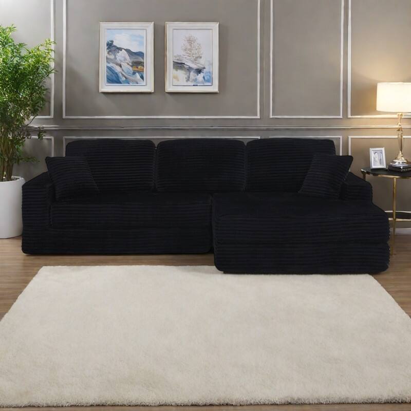112.6" L-Shaped Modular Sectional Right sofa seat with Queen Sleeper Function, Corduroy Upholstery and No Assembly Required - Black