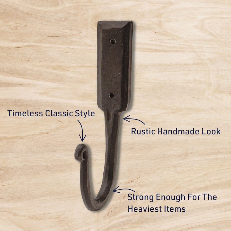 Kings County Tools Coat Hooks Heavy Duty 3-Pack - Large 6.5” Handmade Rustic Iron Wall Hooks, Black - 6"