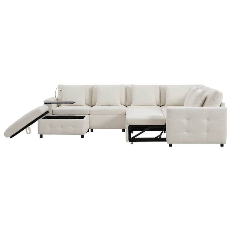 117" Modular Sectional Pull-out Sofa Bed with Flip-up Table Panel, Reading Lamp and Charging Ports