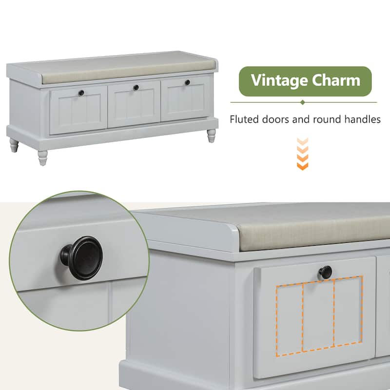 Storage Bench with Cushioned Seat & 3 Drawers, Wooden Entryway Storage Bench, Shoe Bench with Hidden Storage Space