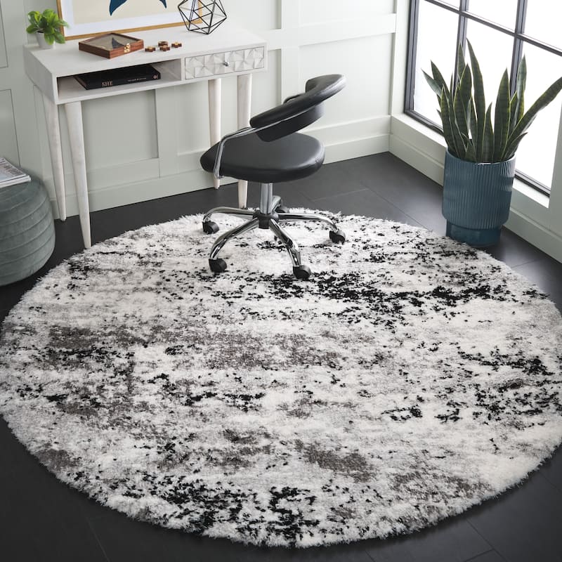 SAFAVIEH Lindsay Shag Nancie Modern Abstract 2-inch Thick Rug - 6'7" Round - Grey/Black Ivory