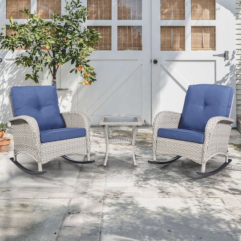 Gymojoy Outdoor Rocking Chairs Set of 2 Patio Furniture Sets - Light Beige Wicker - Blue Cusion