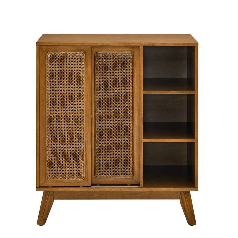 Mid-Century Rattan Sideboard with Adjustable Shelves & Solid Wood Legs (Light Wood)
