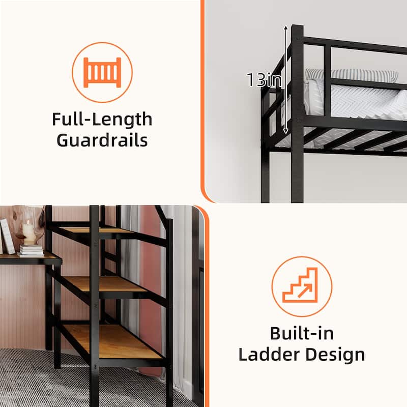 Twin Metal Loft Bed with L-Shaped Desk, Storage Stairs, 360掳 Guardrails, Shelves & Pegboard, Space-Saving Design