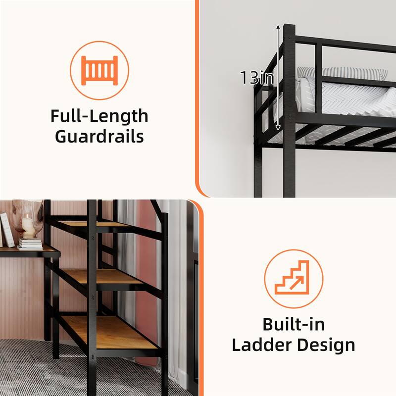 Twin Size Loft Bed Frame with L-Shaped Desk, Large Storage Space and Storage Shelves Stairs
