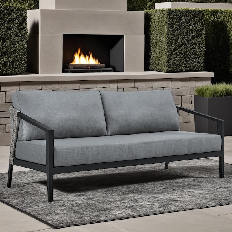 Palma Dark Gray Wicker and Black Aluminum 76" Outdoor Sofa with Cushions - Dark Gray