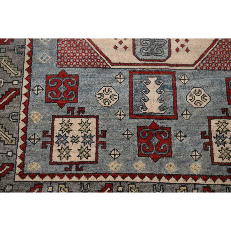 Blue Geometric Kazak Oriental Accent Rug Hand-Knotted Wool Carpet - 3'7" x 5'0"