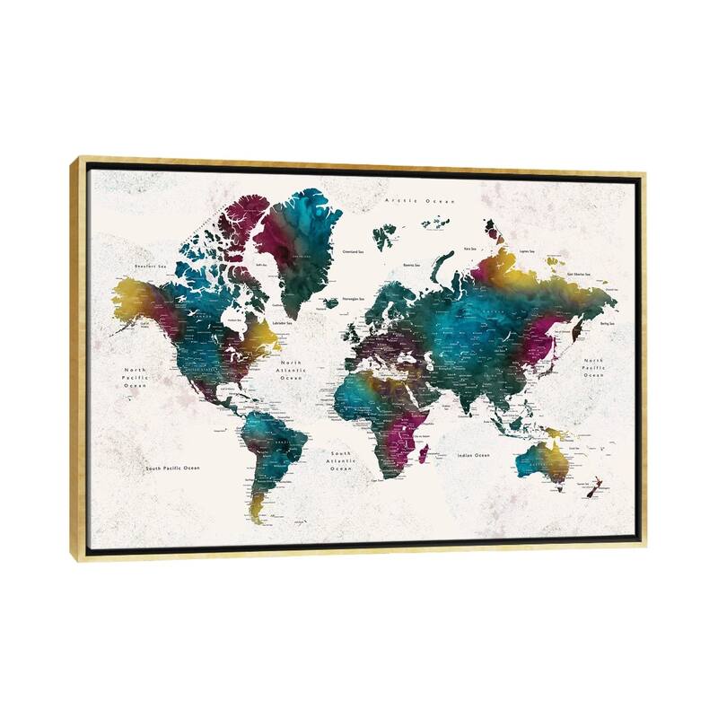 iCanvas "Charleena Detailed Watercolor World Map With Cities" by blursbyai Framed Canvas Print - Gold - 26x40
