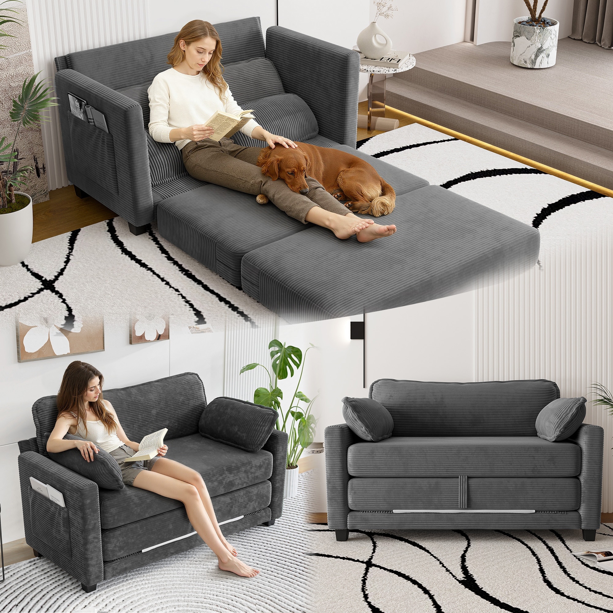2-in-1 Convertible Corduroy Sofa Bed 51" Small Sofa, 2-Seater Loveseat Sleeper Couch with Side Storage