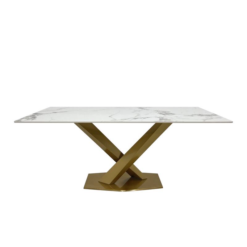 Dining Table with White Slate Marble Top and Matte Gold Base