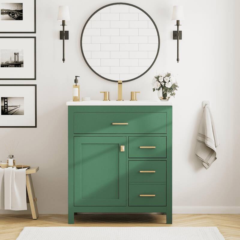 Modern 30-Inch Bathroom Vanity with Undermount Ceramic Sink, Solid Wood Frame, Adjustable Shelf & Storage Drawers