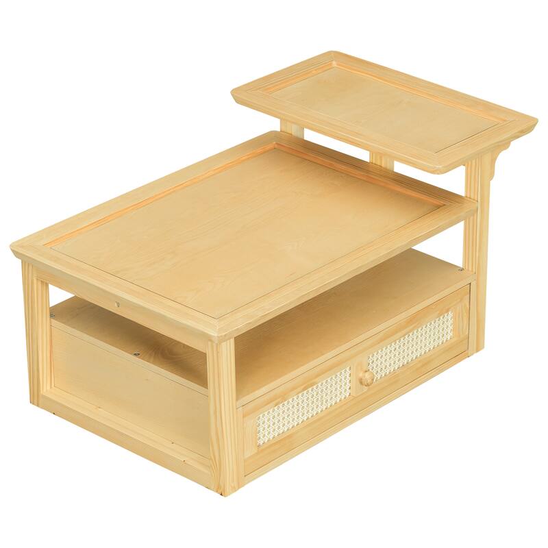 Coffee Table with 1 Storage Shelf and 1 Rattan Drawer