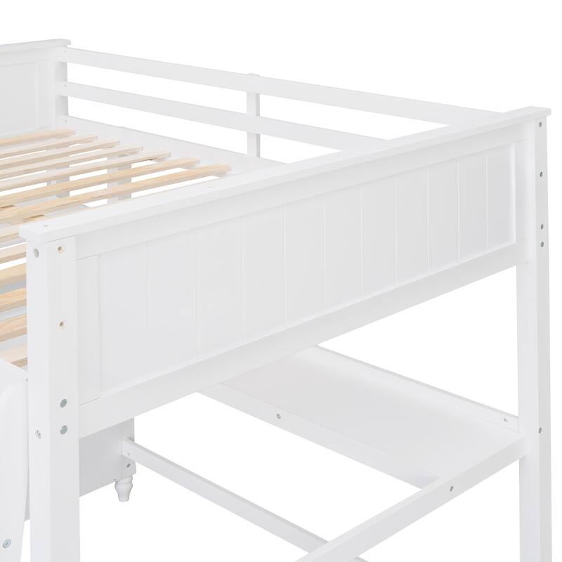 Full Size Wooden Loft Bed with Drawers, Desk, and Shelves in White