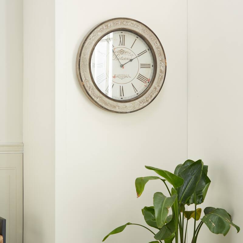 Wooden Distressed Wall Clock - Cream - Roche River Decor - 2"W x 24"L x 24"H