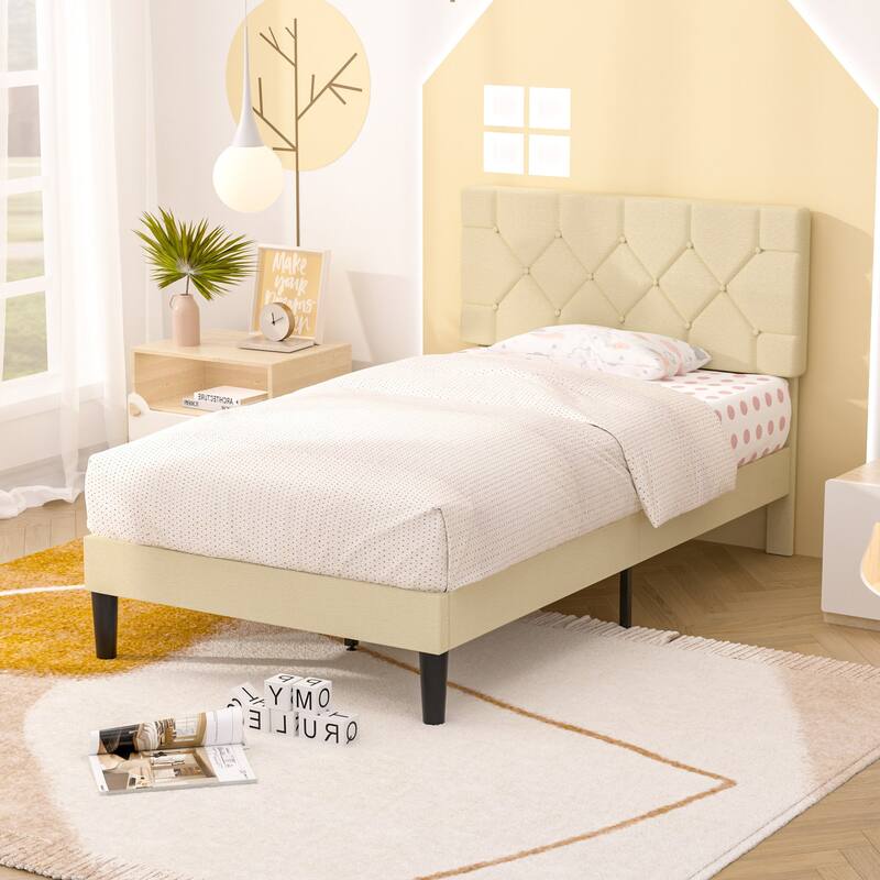 2 Pcs Beige Diamond Tufted Twin Bed for Kids Modern Linen Upholstered Platform Bed 7.87" Underbed Storage No Box Spring Needed