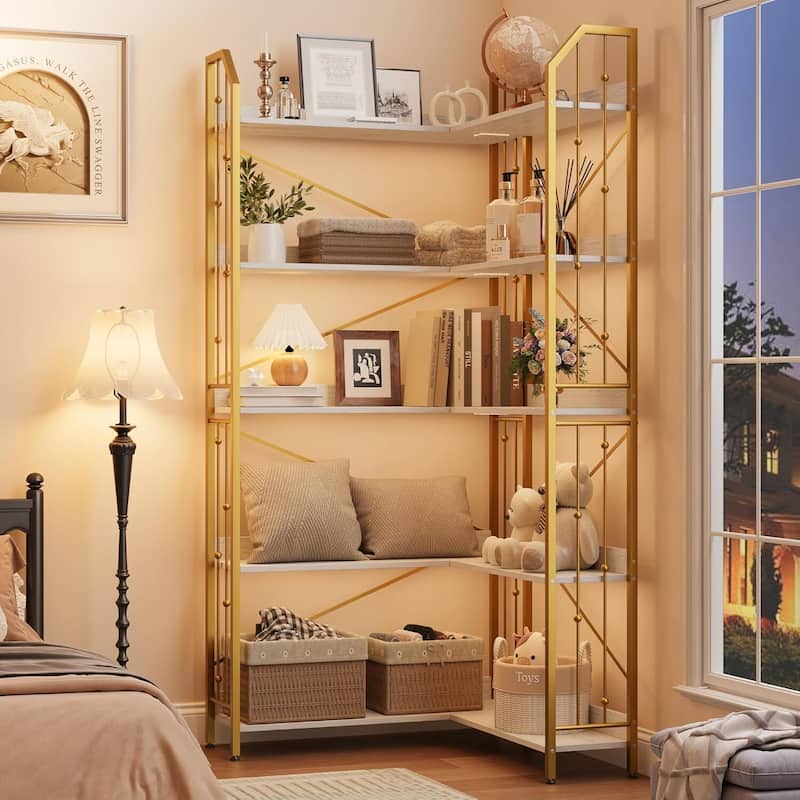 72" 5 Tier Industrial Corner Bookshelf, L-Shaped Bookcase - N/A