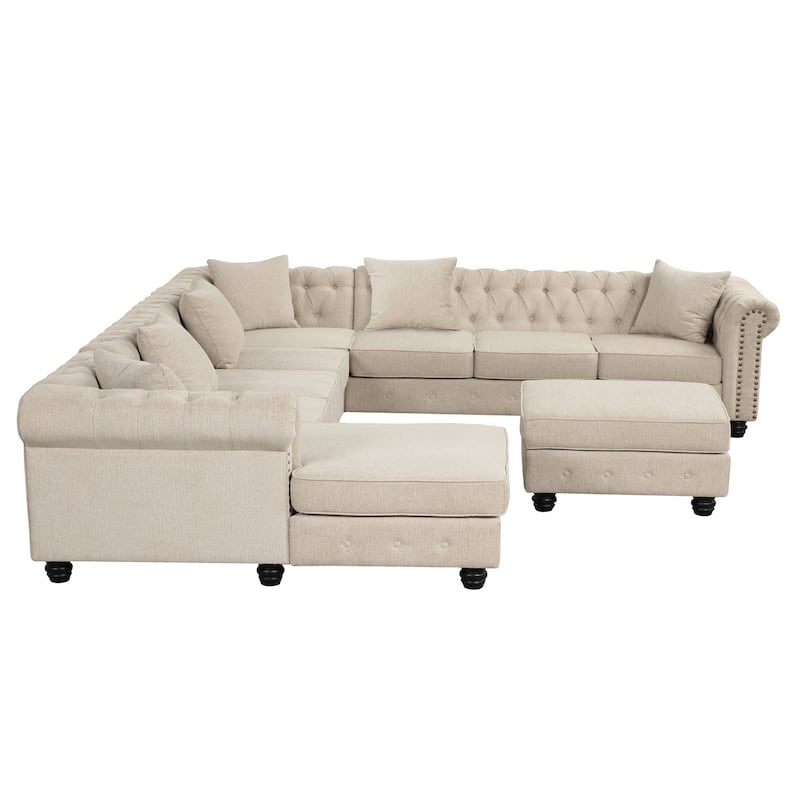 Chesterfield Sectional Sofa with Ottoman and 6 Pillows U-Shape Linen Fabric Sofa with Chaise and Rubberwood Legs for Living Room