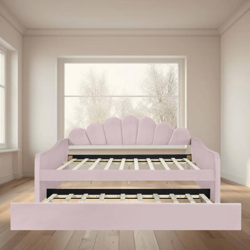 Elegant Full Size Upholstered Platform Daybed with Shell Shaped Backrest and Trundle for Multi-purpose Use, Bedroom Furniture - Pink - Full