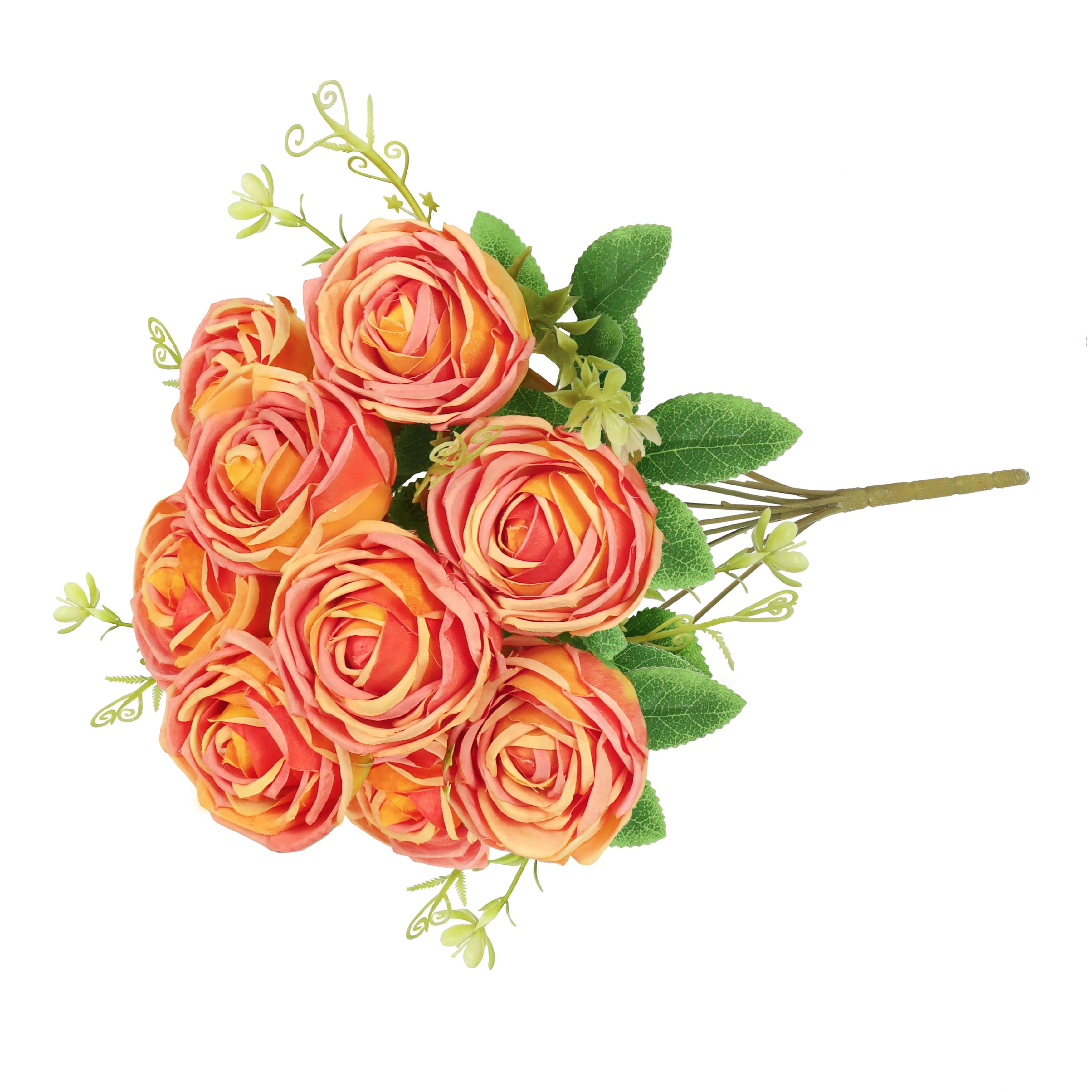 Set of 2 Orange Artificial Vintage Cabbage Rose Flower Stem Bush