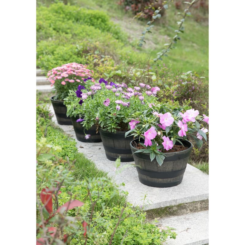 Gardenised 4-Piece Round Half Barrel Flower Pots Rustic Farmhouse Style Faux Wood Planter Containers for Indoor & Outdoor Use