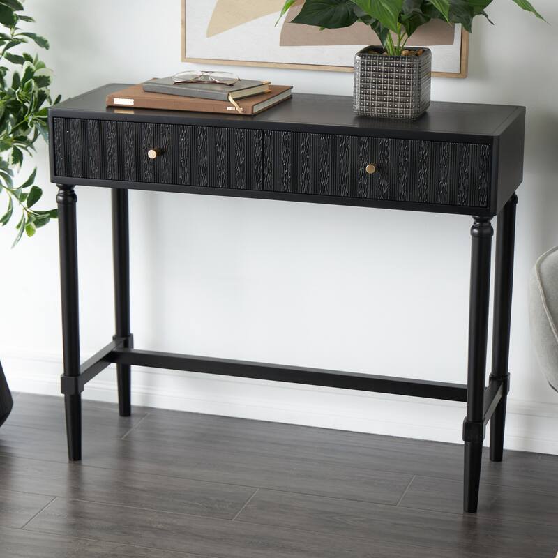 Black Wood Handmade 2 Drawer Living Room Console Table with Gold Handles - Black