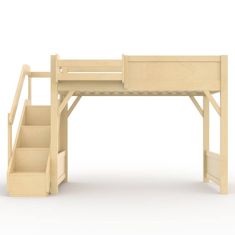 Full/Twin Loft Bed with Built-in Wardrobe, Storage & Stairs - Solid Wood, Full-Length Guardrails, No Box Spring