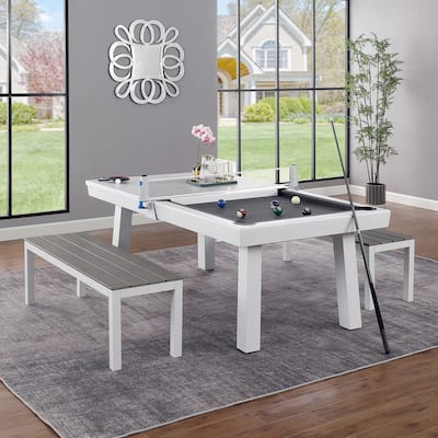 Laguna Indoor/Outdoor 7ft Slate Pool Table Dining Set with 2 Benches & Accessories, White Finish