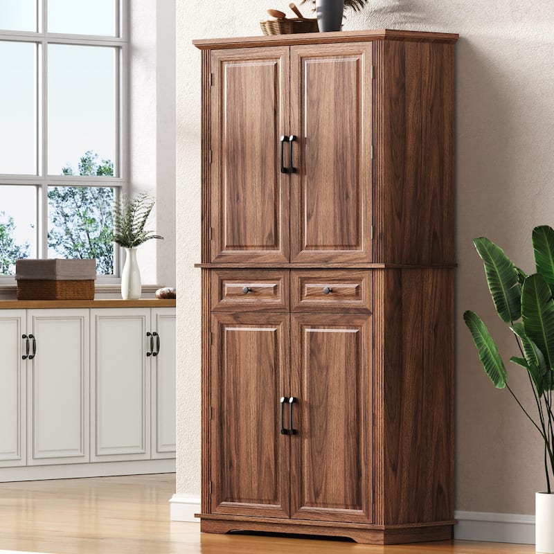 71"Tall Kitchen Pantry Cabinet with 3 Pull Out Cabinet Organizers,Cabinet with 6 Door Shelves,2 Drawers,Freestanding Cupboard
