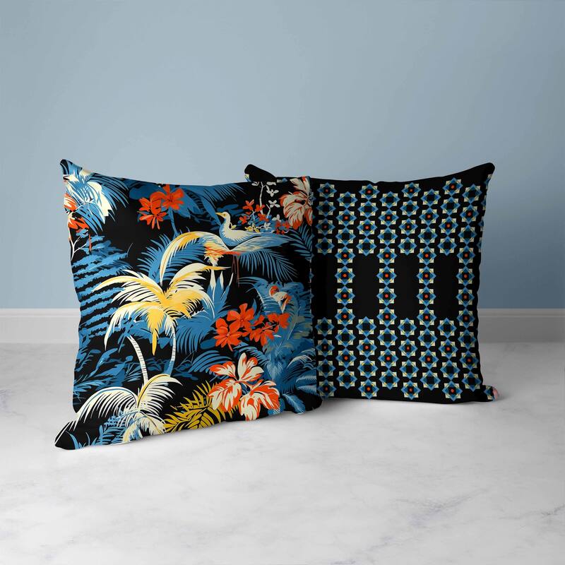 Tropi Chirp Faux Suede Reversible Throw Pillow Black and Blue