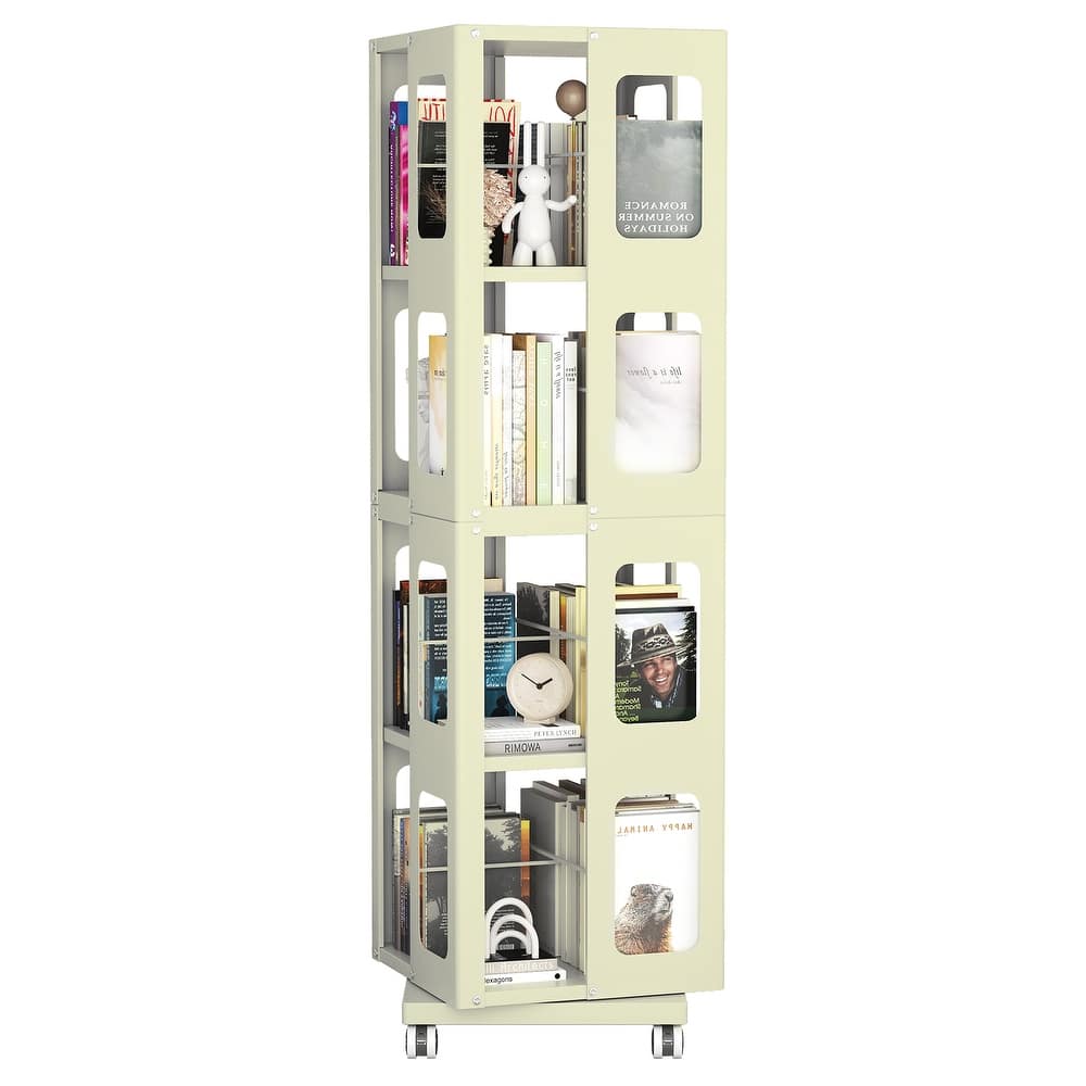 4-Tier All-Steel Rotating Bookshelf With 360°Wheels,Large Size Sturdy & Spacious Book Rack
