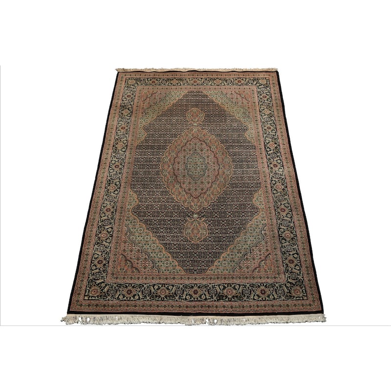 6x9 Hand Knotted Wool & Silk Black 300 KPSI Mahi Taabriz Vintage Rug - 6' x 9'