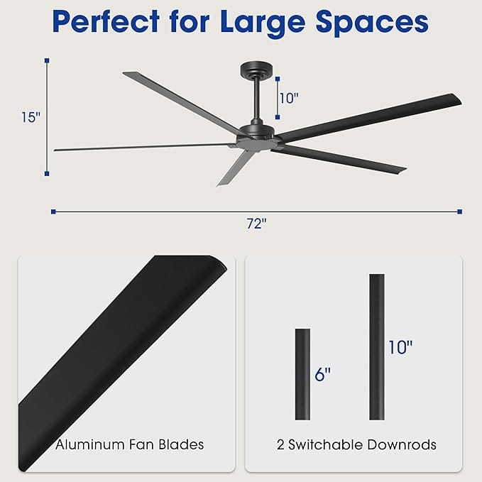 Ceiling Fan 72" Industrial 5-Blade Black IPX4 Outdoor Use