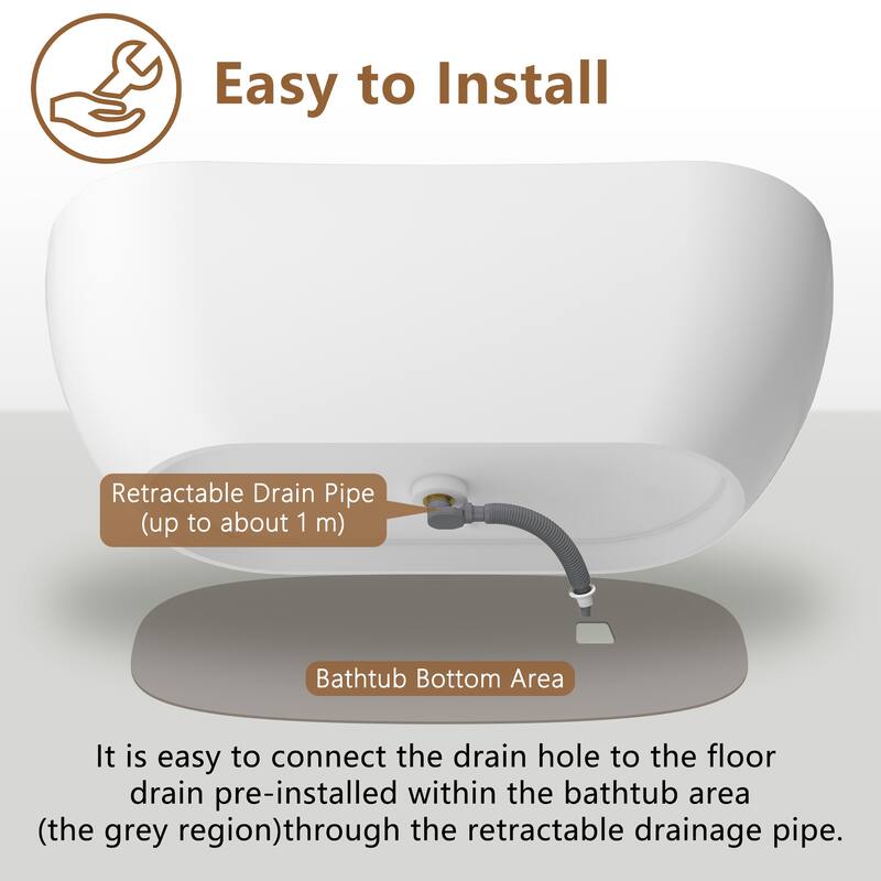 CASAINC Matte White Soaking Bathtub Solid Surface Stone Bathtub with Center Drain