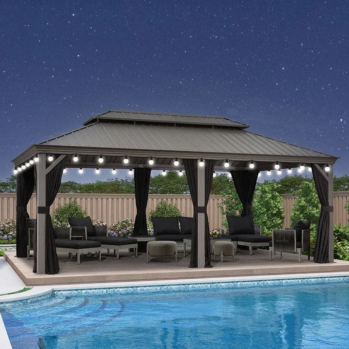 PURPLE LEAF Patio Gazebo for Light Grey Backyard Hardtop Galvanized Steel Frame with Upgrade Curtain - 12' x 20' - With lights