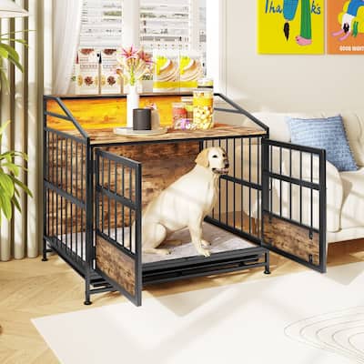 Dog Crates with Storage, Dog Crate Furniture Large Wooden Dog Kennel with Double Doors