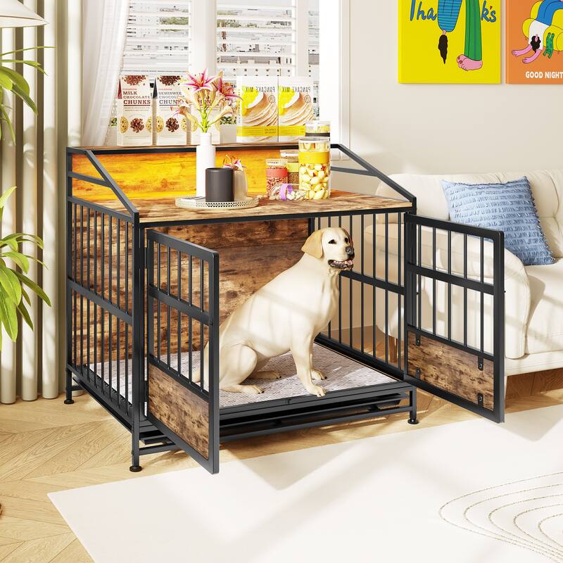 Multi-Function Furniture Style Dog Crates with Storage, Dog Crate Furniture Large Wooden Dog Kennel with Double Doors