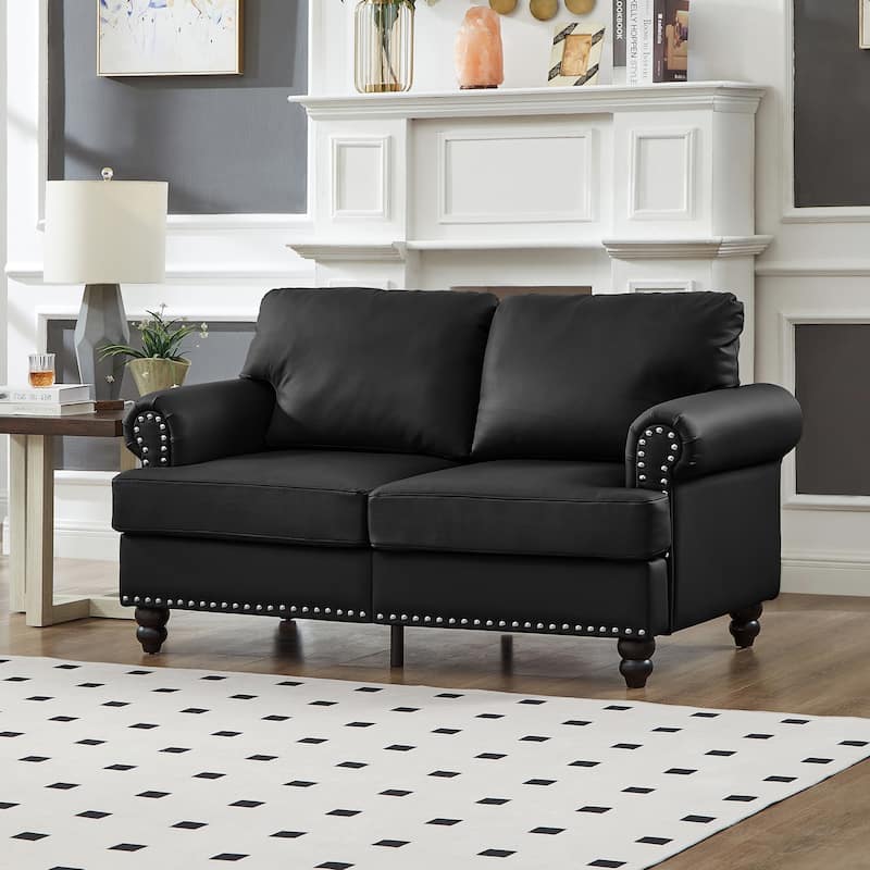 Roomfitters 59.5" Modern Classic Loveseat with Nailhead Trim, Upholstered Faux Leather Couch for Living Room