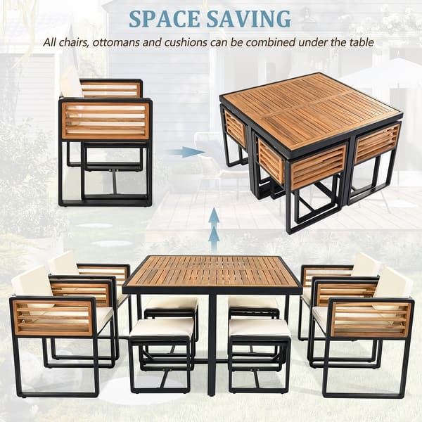 9-Piece Acacia Wood Outdoor Dining Set with Cushions and Square Table