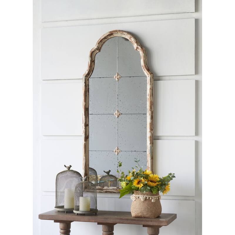 22" x 48" Large Cream & Gold Framed Wall Mirror, Wood Arched Mirror with Decorative Window Look for Living Room, Bathroom